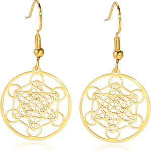 Gold Stainless Steel Metatron’s Cube Earrings with Sacred Geometry Design for Wo